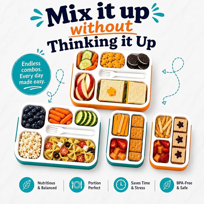 Bento Box Lunch and Snack Containers for School Kids Girls Boys | Leak Proof Portion Control Kits BPA Free, Teal & Orange, Large and Small, Value Set of 4