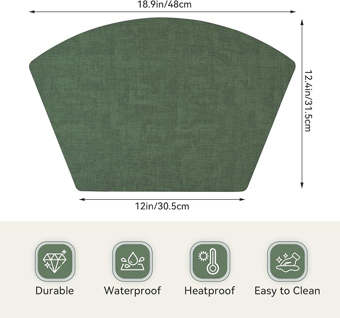 Round Table Placemats Set of 4, Faux Leather Wedge Shape Place Mats Heat Resistant Wipeable Washable Table Mats for Dining Outdoor Indoor, Green