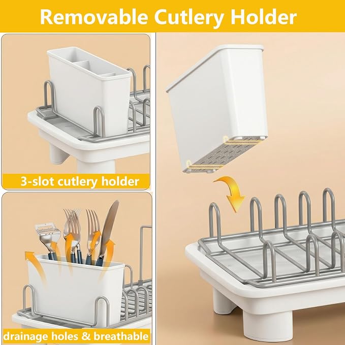 Small Dish Drying Rack,Compact Dish Rack for Kitchen Counter with 360° Rotating Drain Spout and Utensil Holder,Stainless Steel Countertop Dish Drainer for Sink,Space-Saving Design for Small Kitchen