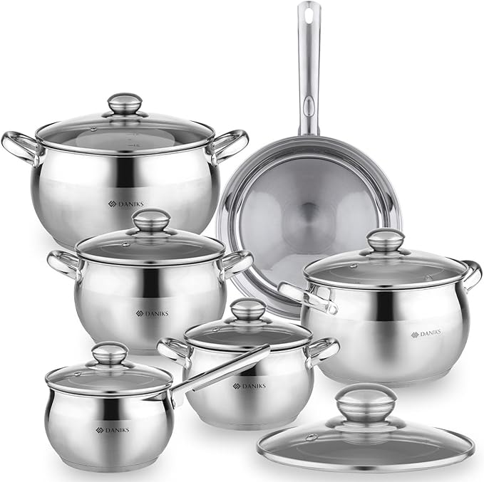 Daniks Classic 12-Piece Stainless Steel Cookware Set with Glass Lids, Includes Saucepan and Frying Pan with Lid, Tri-Ply Bases for Even Heating, Induction Compatible, Dishwasher Safe