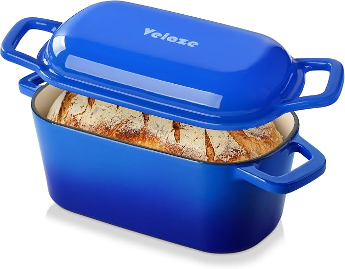Velaze 3.6 QT Oval Cast Iron Dutch Oven for Bread Baking, Offset Handles | Bread Pan with Lid for Sourdough Sandwich,Small Households Baking,Gift for Bread Bakers,Deep Base,Oven Safe,Blue