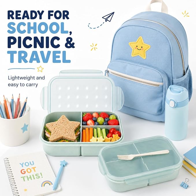 MISS BIG® Bento Lunch Box for Kids, 1150ml, 3 Compartments, Slate Blue | Slate blue 1150ml kids lunch box for school, daycare, snacks, light meals, picnic, and travel.