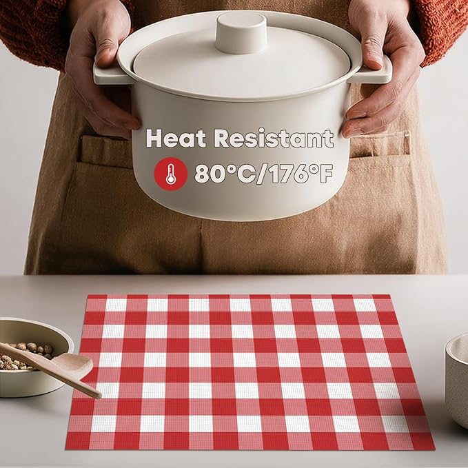Artoid Mode Buffalo Plaid Vinyl Placemats Set of 6, 12x18 Inch Washable Non-Slip Heat Resistant Plastic Place Mats for Party Dining Table, Red/White
