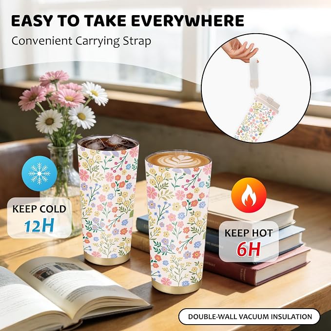 Floral Tumbler Stainless Steel 2-in-1 Lid Coffee Tumbler 18 oz Flowers Aesthetic Insulated Travel Coffee Mug Floral Water Bottle for Women Girls Birthday Christmas