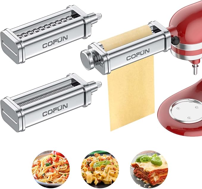 COFUN Pasta Attachment for KitchenAid Stand Mixer, 3 Pcs | 8 Thickness Settings Stainless Steel Pasta Maker with Sheet Roller, Spaghetti & Fettuccine Cutter
