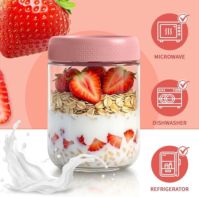 16 oz Overnight Oats Containers with Lids, Wide Mouth Mason Jars with Lids | 6 Pack Yogurt Containers with Lids, Air Tight Overnight Oats Jars for Salad, Reusable Glass Jar for Candy, Snack, Sugar, Jam