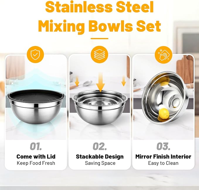 Beasea Mixing Bowls with Lids Set of 3, 1.5/2.5/4 QT Stackable Stainless Steel Nesting Mixing Bowls with Lids for Baking, Meal Prepping, Kitchen Food Serving, Storing