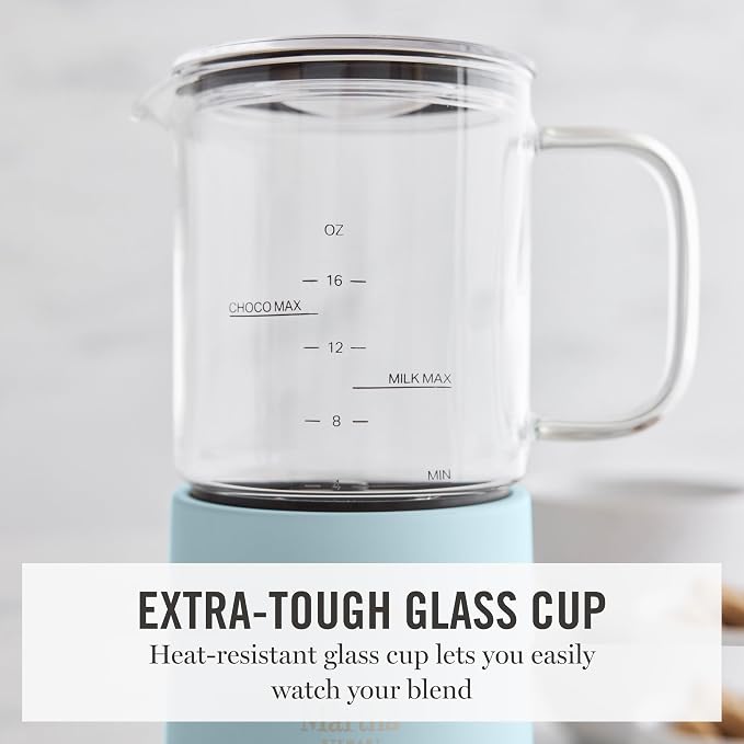 Martha Stewart 10oz Milk Frother & Steamer, 4 Presets, 300ml Glass Pitcher | Light, Dense, Cold Foam & Hot Chocolate, Ready in 90 Seconds, Cordless Pouring, Runs Quiet, Almond, Soy & Oat Milk, Sky Blue