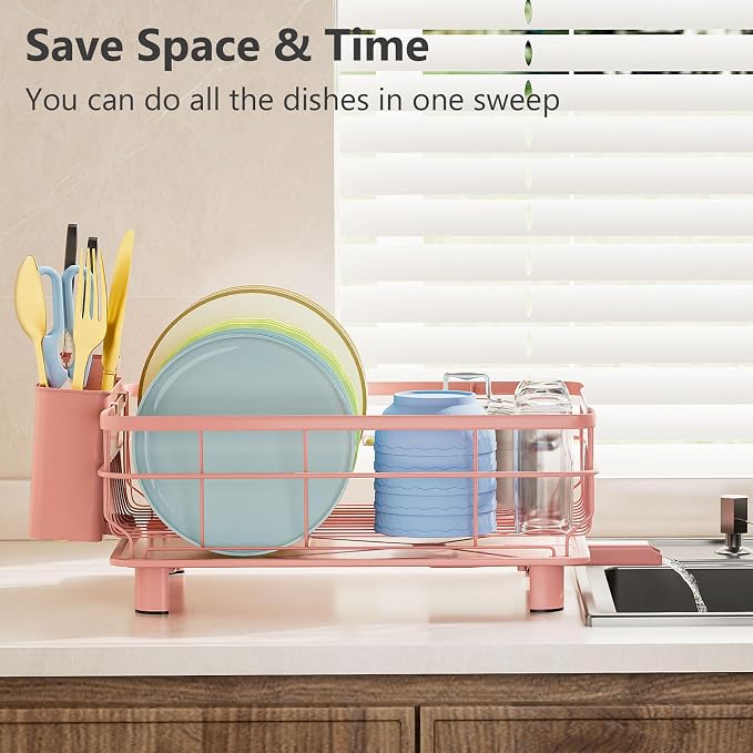 AIDERLY Auto Drain Metal Dish Drying Rack Dish Drainers, Pink | with Draining Tray, Strainer, for Kitchen Counter, Sink