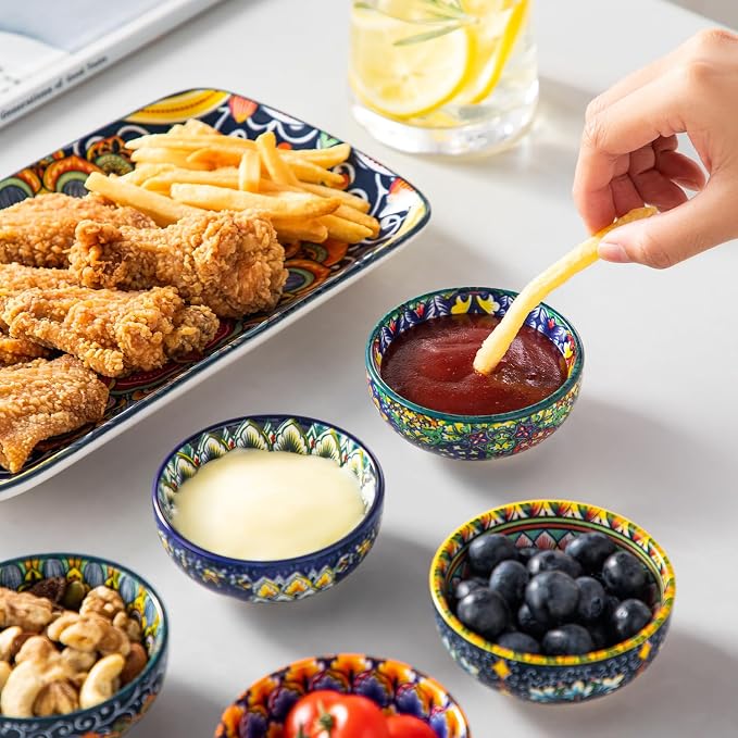 vancasso SIMI 2.7 Oz Ceramic Dipping Bowls Set of 6, Bohemian Sauce Bowls | For Soy Sauce, Sushi, Dips, and Condiments, Microwave and Dishwasher Safe, 3 Inch Mini Dishes, Bohemian Design
