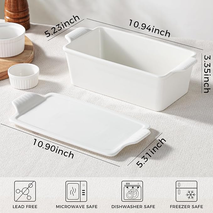 Ceramic Loaf Pan with Lid - 1.58 Qt Deep Bread Pan (10.94" x 5.23"), 2-in-1 Baking Dish for Homemade Bread Banana Bread Meatloaf, Oven Safe to 500°F, Dishwasher Freezer Safe, White