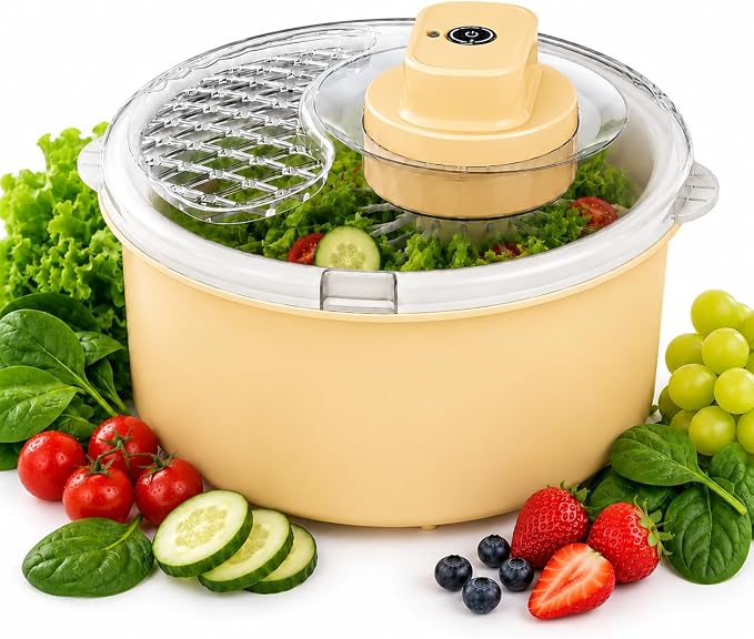 Electric Salad Spinner & Produce Washer, Fruit Washer Spinner Bowl for Lettuce, Berries & Veggies, Vegetable Dryer, Lettuce Spinner, Fruit Cleaner (Pale Yellow)