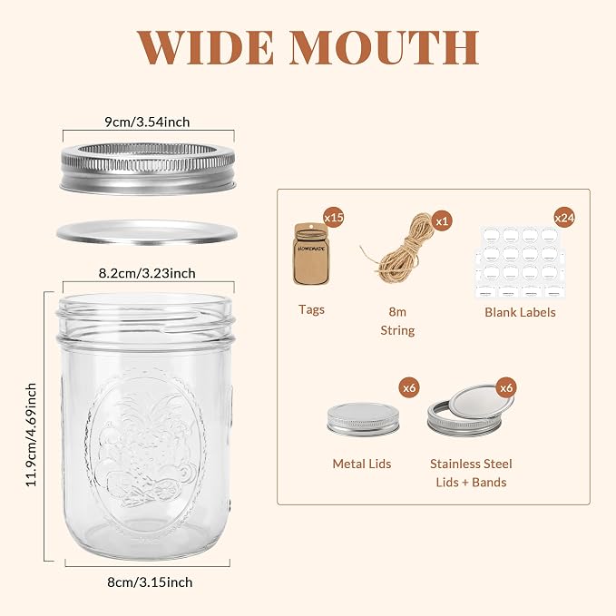 CycleMore 16oz Embossed Glass Mason Jars with Two Types of Lids – Set of 6 | One-Piece & Stainless Steel Split Lids. BPA-Free & Durable Glass. Dishwasher Safe. Non-Slip Grip. Vintage Style.