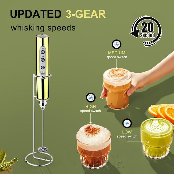 YUSWKO Handheld Milk Frother Wand for Coffee, Rechargeable Electric Whisk with 3 Heads 3 Speeds Drink Mixer Coffee Frother For Latte, Cappuccino, Hot Chocolate, Egg, Champagne Gold with Holder