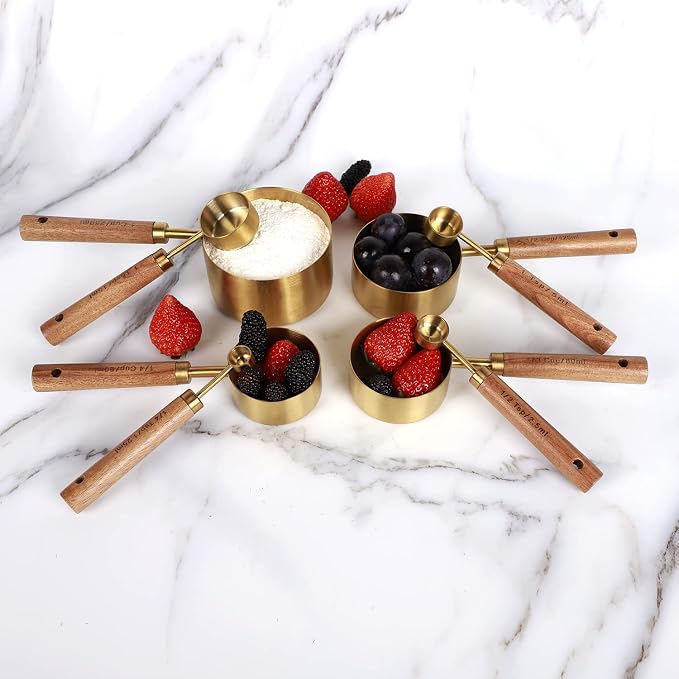 Collection 8 Piece Gold Measuring Cups Set and Measuring Spoons, Golden With fragrant wood Handles-Complete Set of Measure Cups and Spoons For Cooking and Baking.…