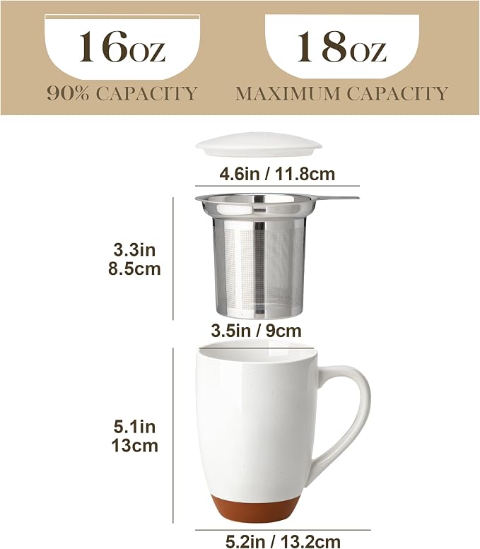 MALACASA Ceramic Tea Mug with Lid and Stainless Steel Infuser, 18 oz Large Tea Cup for Loose Leaf Tea, Heat-Resistant, Microwave & Dishwasher Safe, Speckled Glaze Coffee & Tea Brewer Mug, Khaki White