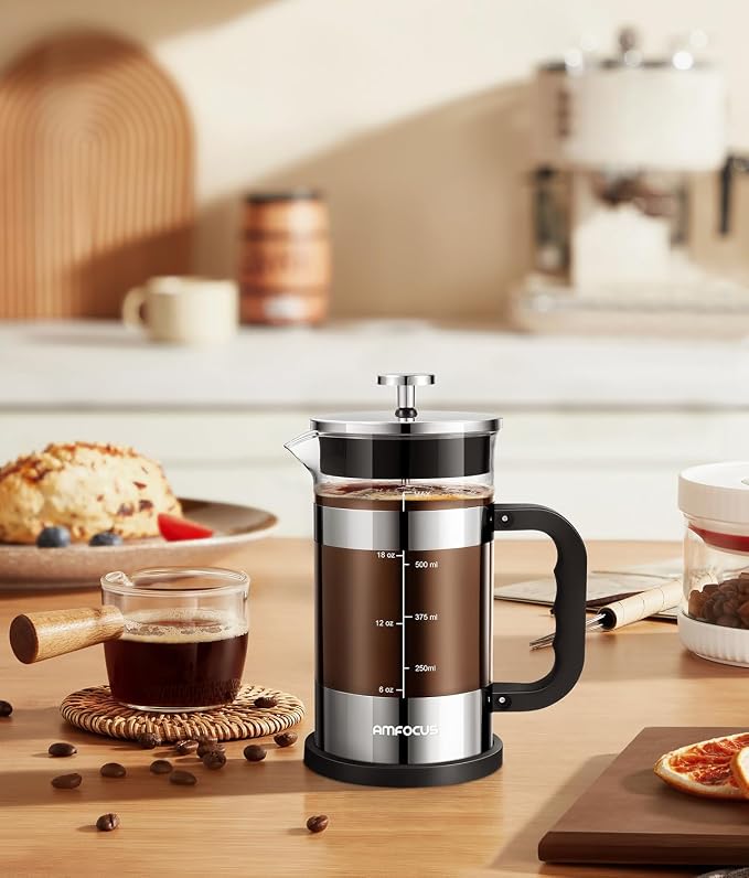 AMFOCUS French Press Coffee Maker, 21OZ, Borosilicate Glass Coffee Press | Thickened Glass Cold Brewer, 4-Level Filtration,Coffee Tea Pot for Kitchen Camping Travel Gifts