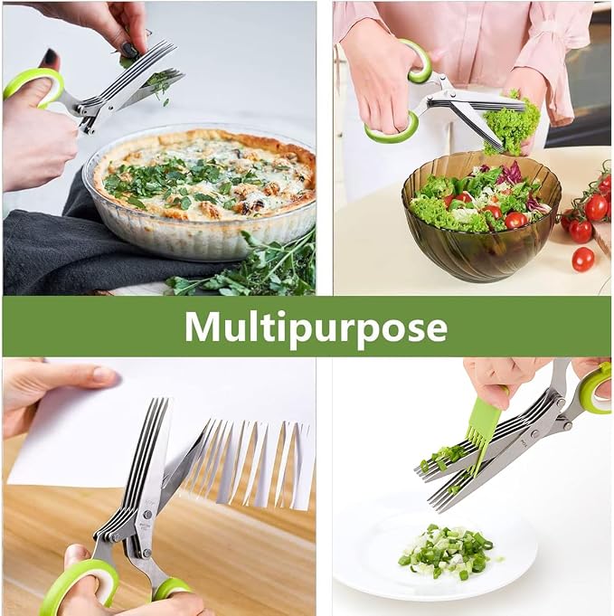 X-Chef Multipurpose 5 Blade Herb Scissors | Kitchen Herb Shears Herb Cutter with Safety Cover and Cleaning Comb for Chopping Basil Chive Parsley (Green)