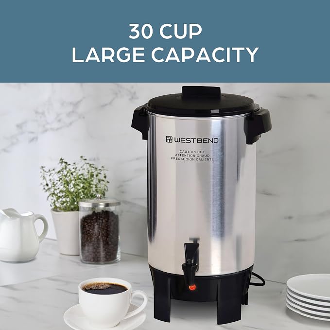 West Bend Coffee Urn Highly-Polished Aluminum Features Automatic Temperature Control with Cup Per Minute Brewing and Easy Clean Up Includes In-Basket Measuring Guide and Ready Light, 30-Cup, Silver
