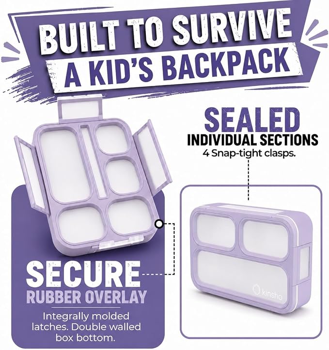 Bento Lunch-Box and Snack Container Set for Kids, 6 and 3 Compartment Boxes Leakproof School Bentos Meal Portion Control Containers BPA Free, Boys Girls Adults, Purple Lilac Large + MINI 2 Pack