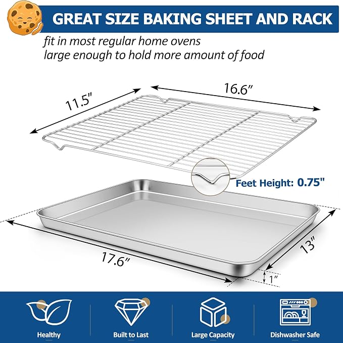 TeamFar Baking Sheet with Cooling Rack Set, 17.6 x 13 x 1 inch | Stainless Steel Half Size Baking Pan Cookie Sheet with Baking Rack, Non Toxic & Heavy Duty, Mirror Finish & Dishwasher Safe
