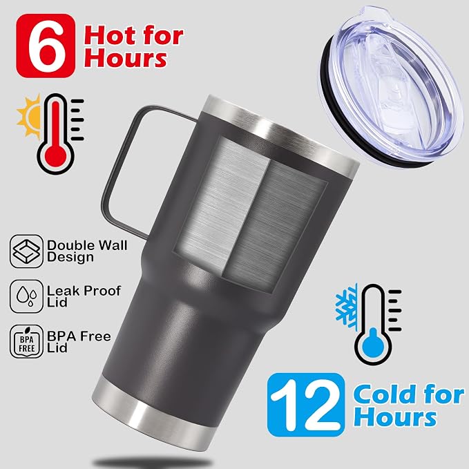 20 oz Tumbler with Handle Coffee Tumblers with Lid Travel Mug Grey 1P | 20oz Tumblers with Handle Double-Wall Insulated Vacuum Coffee Mugs Stainless Steel Tumbler with Handles&Lid Grey 1P