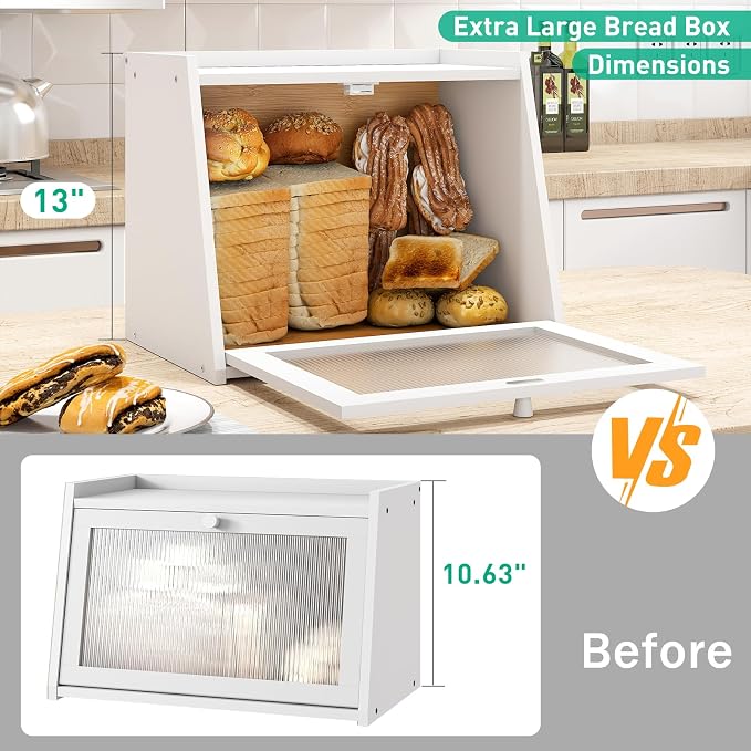 kiplant Large Bread Box for Kitchen Counter, White Bamboo Bread Storage Container with Wavy Arcylic Transparent Door, Bamboo Wooden Farmhouse Bread Box for Your House