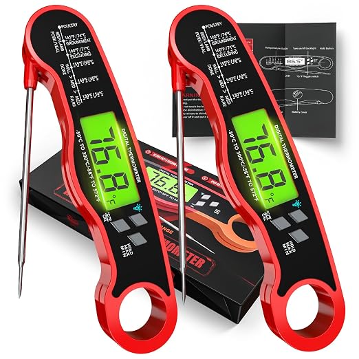 AWLKIM 2 Pack Meat Thermometer Digital, Instant Read Food Thermometer, Red | Waterproof cooking thermometer with doneness chart, backlight, F/C switch for BBQ, candy, oil