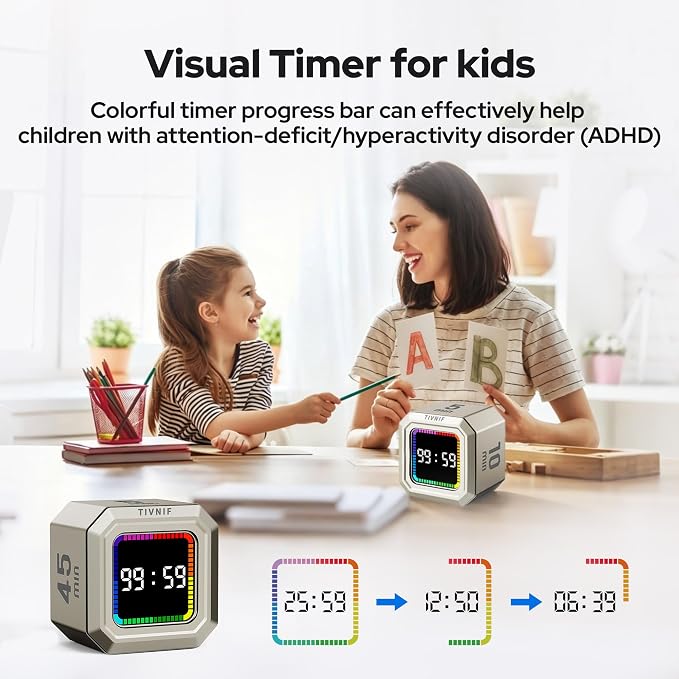 Kitchen Timer Visual Timer for Kids Color Display Gravity Sensor Cube | Digital Pomodoro Timer with Loud Alarm, Magnetic Back, Easy Use for Cooking, Classroom, Study & Productivity