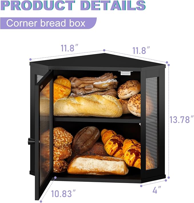 Corner Bread box for Kitchen Countertop,Farmhouse Acrylic Wavy Door Panel Food Storage Large White Bread box Container