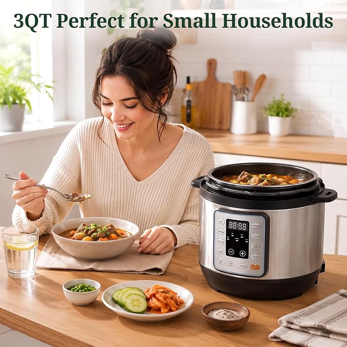 10-in-1 3QT Electric Pressure Cooker for Rice and Stews | Ceramic Nonstick Inner Pot, One Touch Controls, Keep Warm Mode, 700W, Stainless Steel Housing, Accessories Included, Silver