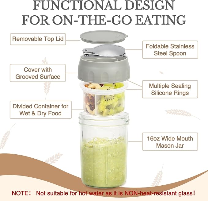 SOLIGT 4 Pack Overnight Oats Containers with Lids, Folding Spoons and Divided Compartments for Fruit & Nuts, Small Glass 16oz Mason Jars for Oatmeal Yogurt Parfait | Folding Spoons and Divided Compartments for Fruit&Nuts, Small Glass 16oz Mason Jars fo...