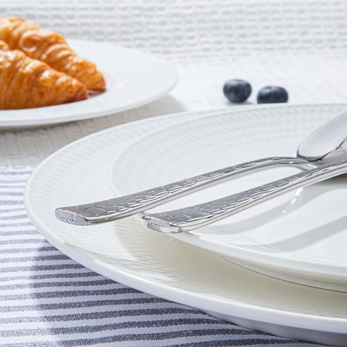 Silverware Set with Serving Utensils, 65 Piece Flatware Set, 18/10 Steel | Hammered Ripple Handles, Serving Utensils, 18/10 Steel, Dishwasher Safe, Rust Resistant, Gift Box, for Weddings & Parties
