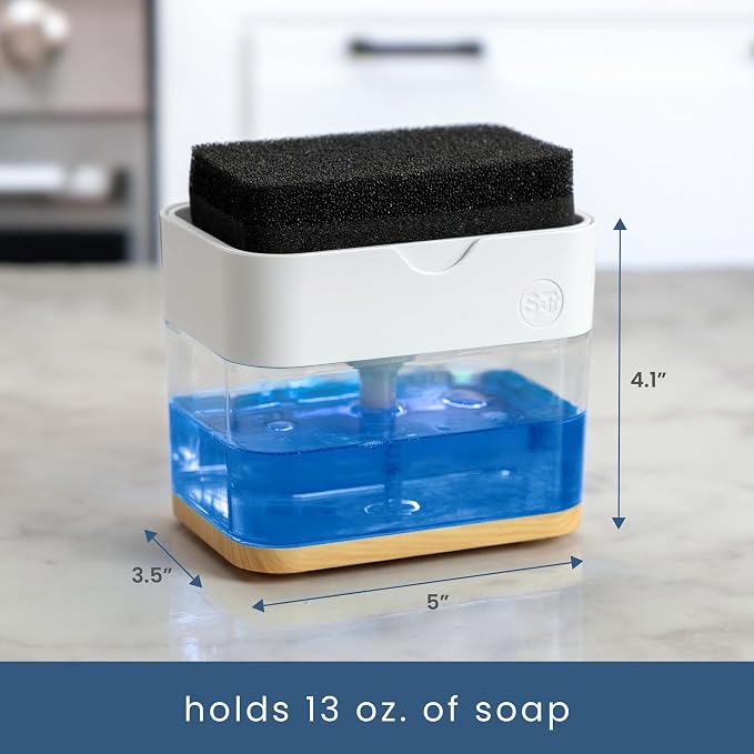 S&T INC. Dish Soap Dispenser and Sponge Holder, Plastic Bamboo and White | Patented Design, Holds 13 Fluid Ounces, Sponge and Waterproof Labels Included, Non-Slip Feet