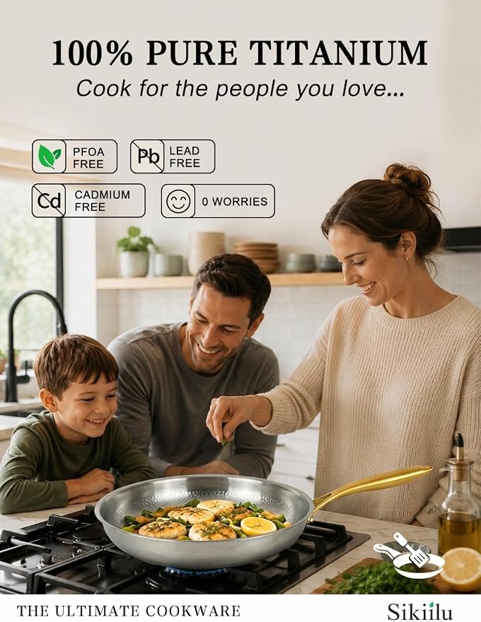10" Titanium Pans for Cooking | Food-Grade Pure Titanium Frying Pan Pro with Lid | PFAS/PFOA/PTFE Free Nonstick Cookware | Dishwasher & Oven Safe, Kitchen Induction Compatible