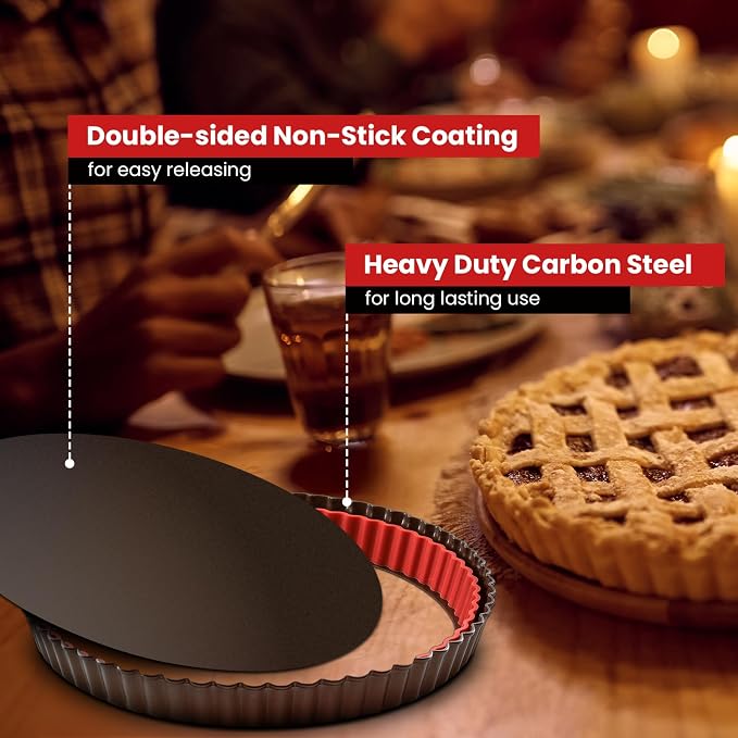 Tart Pan 9 Inch 10 Inch Removable Bottom,with Crust Shaper Ring, Non-stick | 2 Pack | Carbon Steel Round Deep Fluted Pie Pan,Tart Molds,Quiche Pan,Quiche Baking Dish Tart Pans For Baking Party Festival