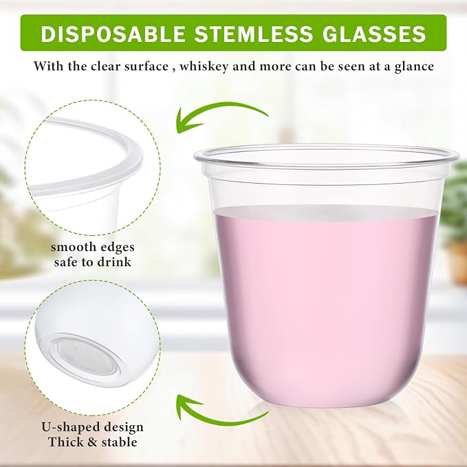 Ziliny 100 Pcs 10oz Plastic Stemless Wine Glasses Disposable, Clear | Plastic Wine Glasses for Parties Weddings Birthdays, Cocktail Drinking Cups, Round Bowl, Bulk Event Supplies