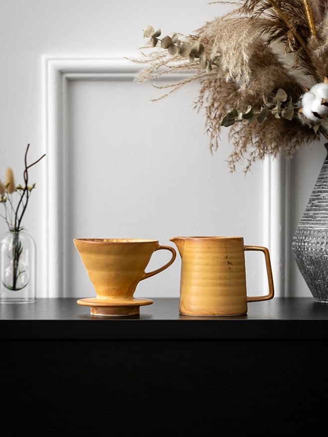 Pour Over Coffee Maker,Ceramic Coffee Maker With 40 pcs Paper Filter，15oz/450ml Pour Over Coffee Dripper (Yellow, V02)