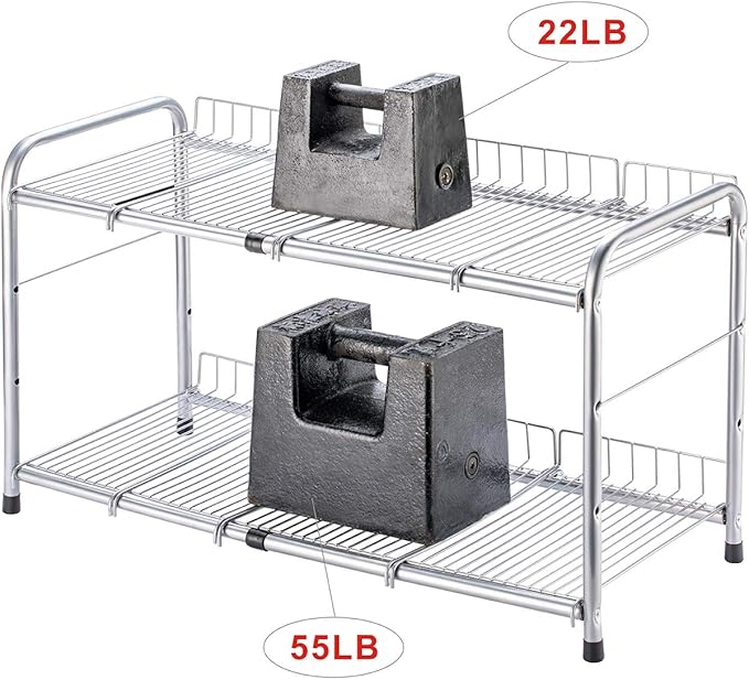 FlagShip 2 Tier Under Sink Organizers and Storage Rack Expandable Cabinet Shelf for Kitchen Bathroom Silver (17-25 inches)