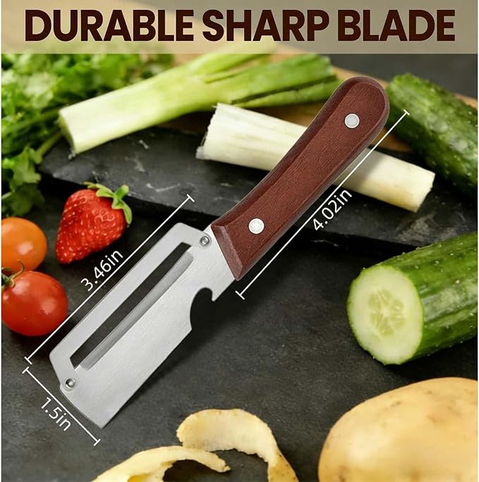 2 Pack Multifunctional Vegetable Peeler, Peelers for Kitchen with Bottle Opener, Zero Snag Wooden Peeler, 2 in 1 Stainless Steel Peeler with Wooden Handle, Potato, Fruit, Pumpkin