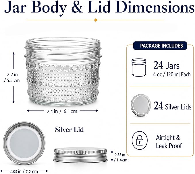 Mason Jars 4 Oz with Lids 24 Packs, Vintage Small Glass Canning Jars with Silver Metal Lids for Storing, Seasoning, Honey, Jam, Home Decor, Candle and DIY Crafts