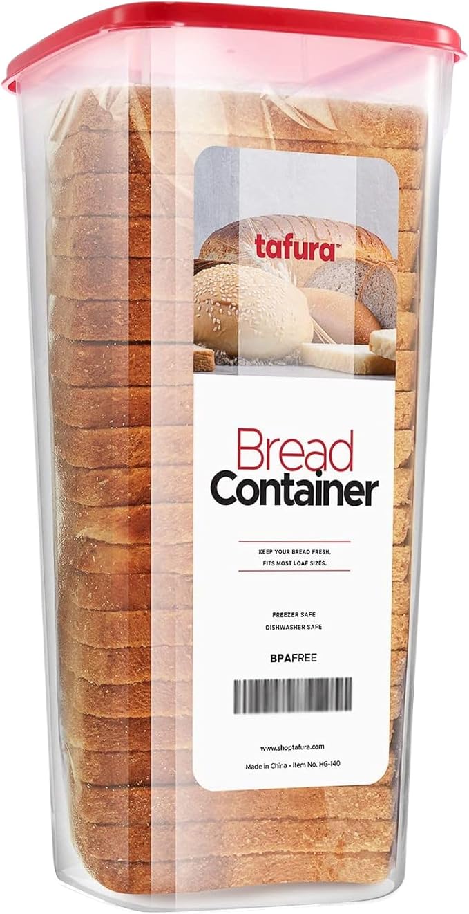 Tafura Bread Container, Airtight BPA-Free Bread Storage Box, Red Lid | Silicone-sealed lid helps reduce air exposure to maintain texture and flavor for longer.