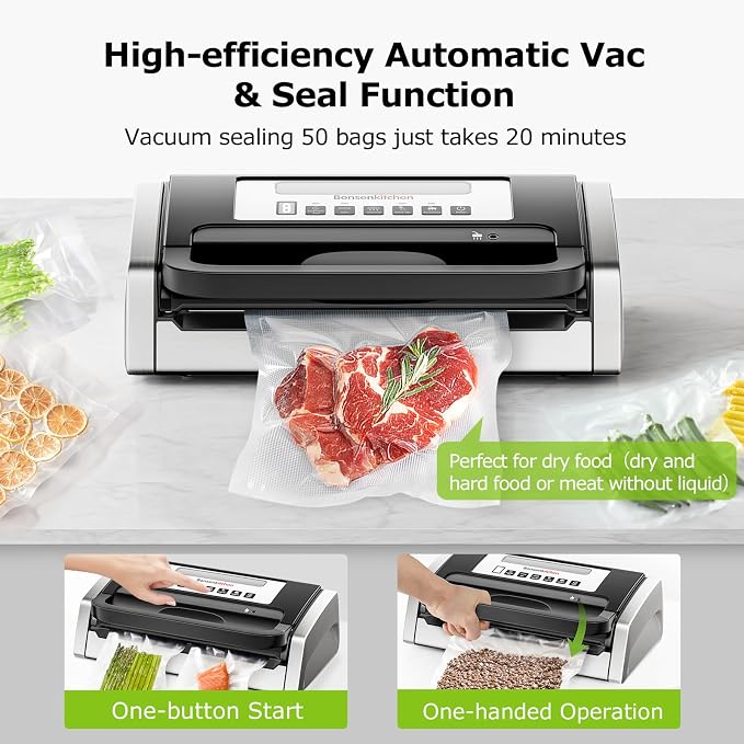 Bonsenkitchen Vacuum Sealer with Easy Handle Design,1 Bag Roll & 10 Bags | Powerful Suction Food Vacuum Sealer, Low-Noise, Fast Continuous Sealing for Bulk Buy, Built-in Cutter & Bag Storage, Black