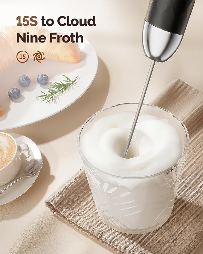 Maestri House LunaFro 2.0 Rechargeable Milk Frother, Stepless Speed Control | 1200mAh lithium battery Frother Handheld, IPX4, Stand & 2 Detachable Whisk for Lattes, Cappuccino, Matcha & Protein powder