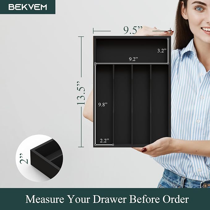 Bamboo Kitchen Sliverware Drawer Organizer (Black, 9.5''W x 13.5''D) | Cutlery Storage Tray with grooved dividers, Multi-purpose flatware storage tray, Utensil holder for folks/spoons/tableware