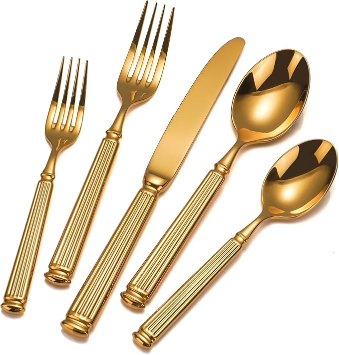 40-Piece Heavy Duty Gold Silverware Set for 8, 18/10 Stainless Steel Flatware, Extra Thick Heavy Flatware Set, Perfect for Weddings Gifts