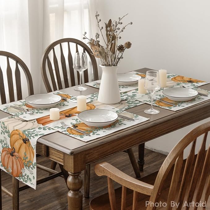 Artoid Mode Orange Pumpkins Eucalyptus Leaves Fall Placemats Set of 4, 12x18 Inch Autumn Thanksgiving Holiday Table Mats for Party Kitchen Dining Decor | Heat-Resistant Table Mats, Washable Seasonal Autumn Kitchen Dining Decor