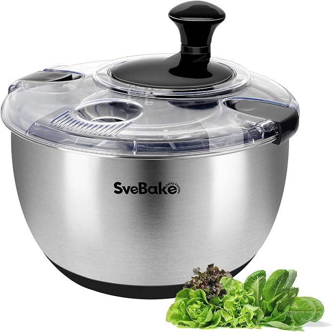 Stainless Steel Salad Spinner, 4.8 Qt Vegetable Washer, BPA-Free Lettuce Dryer with Crank Design, Easy Clean, Non-Slip Base - Transparent Lid