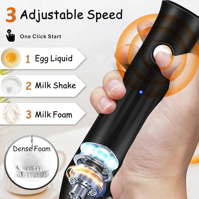 Milk Frother Handheld Rechargeable, 3-in-1 Coffee Drink Mixer Wand (Black) | 3 Speeds, 3 Detachable Whisk Heads, USB C Battery Powered Foam Maker, Mini Electric Stirrer Blender for Protein Powder,Matcha