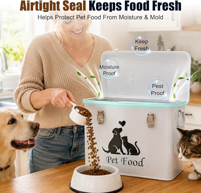 Vivifying Airtight Metal Dog Food Storage Container with Scoop, 13 lb | Sealing Ring and Double Locks Keep Dog Treats, Cat Treats, Cookies and Dry Pet Food Fresh, Secure and Organized, White